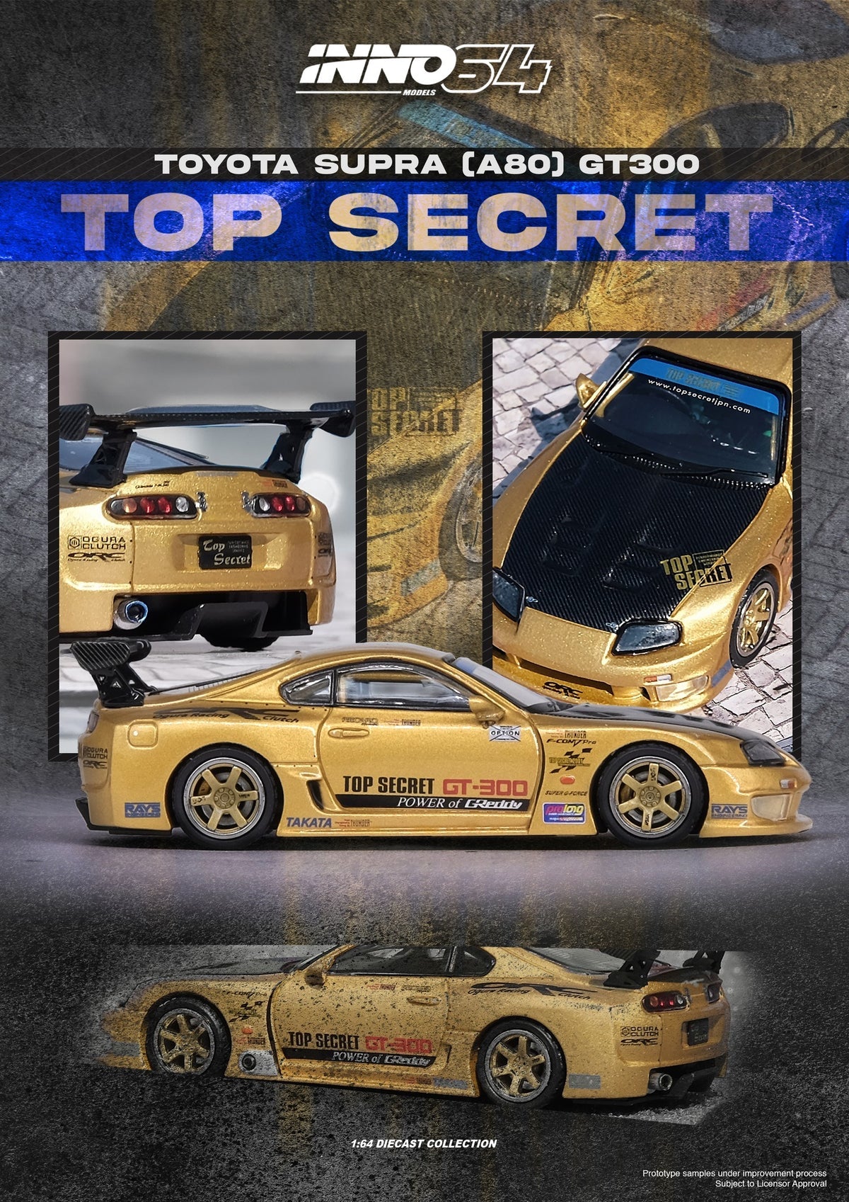 *PREORDER* INNO64 1:64 Toyota Supra (A80) TOP SECRET GT300 by "Smokey" Nagata in Gold